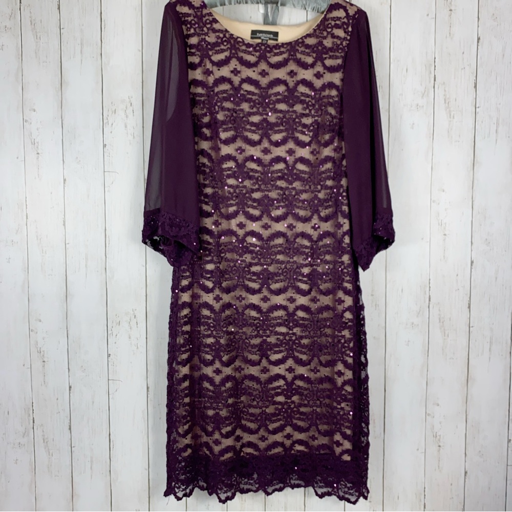 R&M Richards Womens Dress Size 14W Purple Sequin Lace Overlay Chiffon Midi